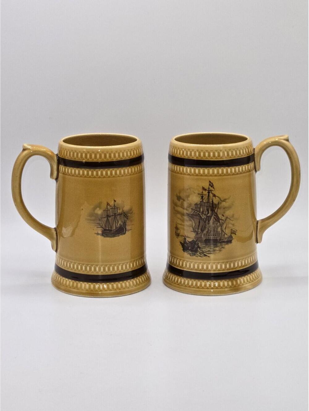 Sadler England Tankard Mugs Nautical Sailing Ships Brown Glaze Pair